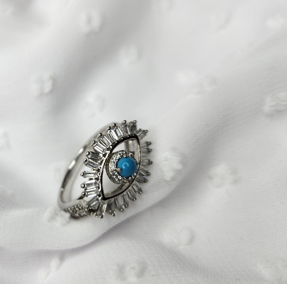 Womens Evil Eye Sterling Silver Eye Ring with Blue Turquoise